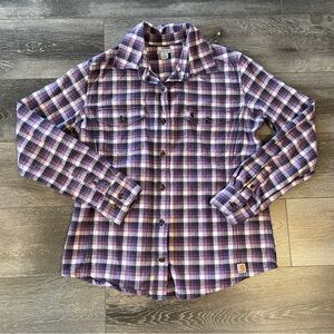 Carhartt Shirt Womens Small Purple Flannel Long Sleeve Pockets Casual Heavy